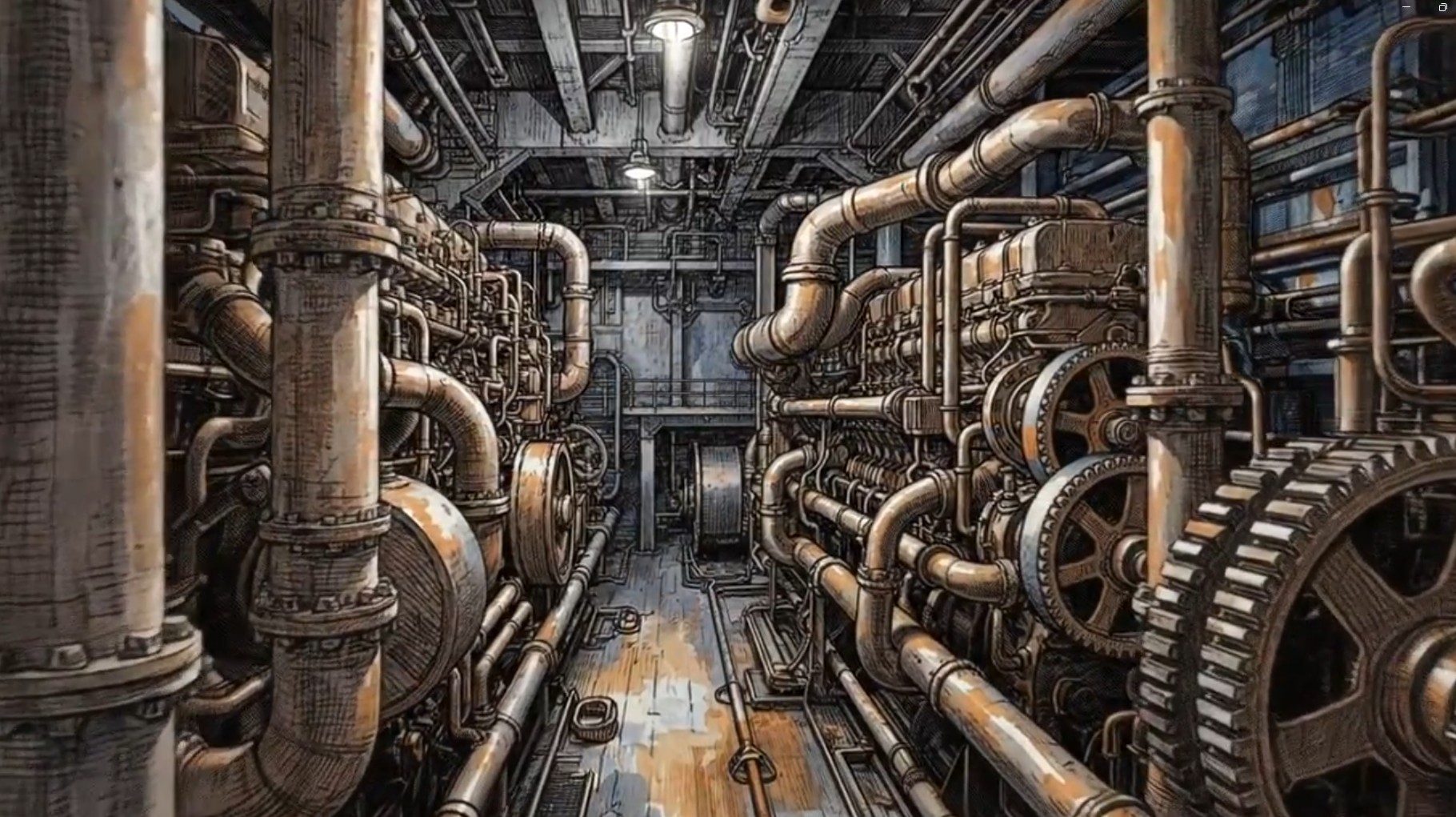 Illustrated engine room with piping and machinery
