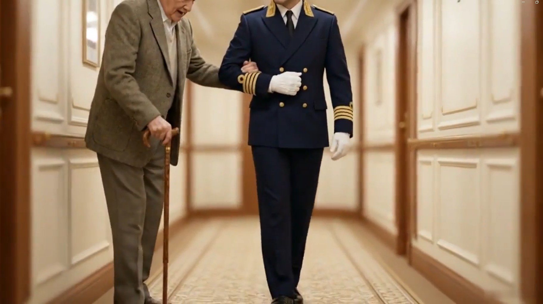 Officer assisting an elderly passenger with a walking cane along a corridor