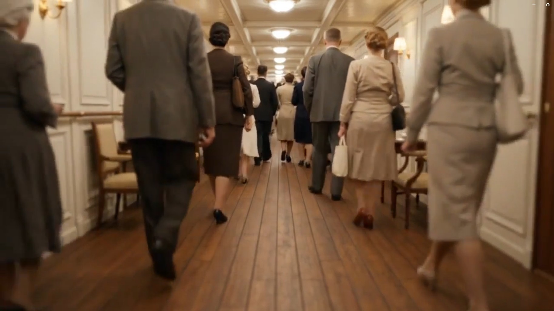 Passengers walking down a cruise ship corridor towards muster