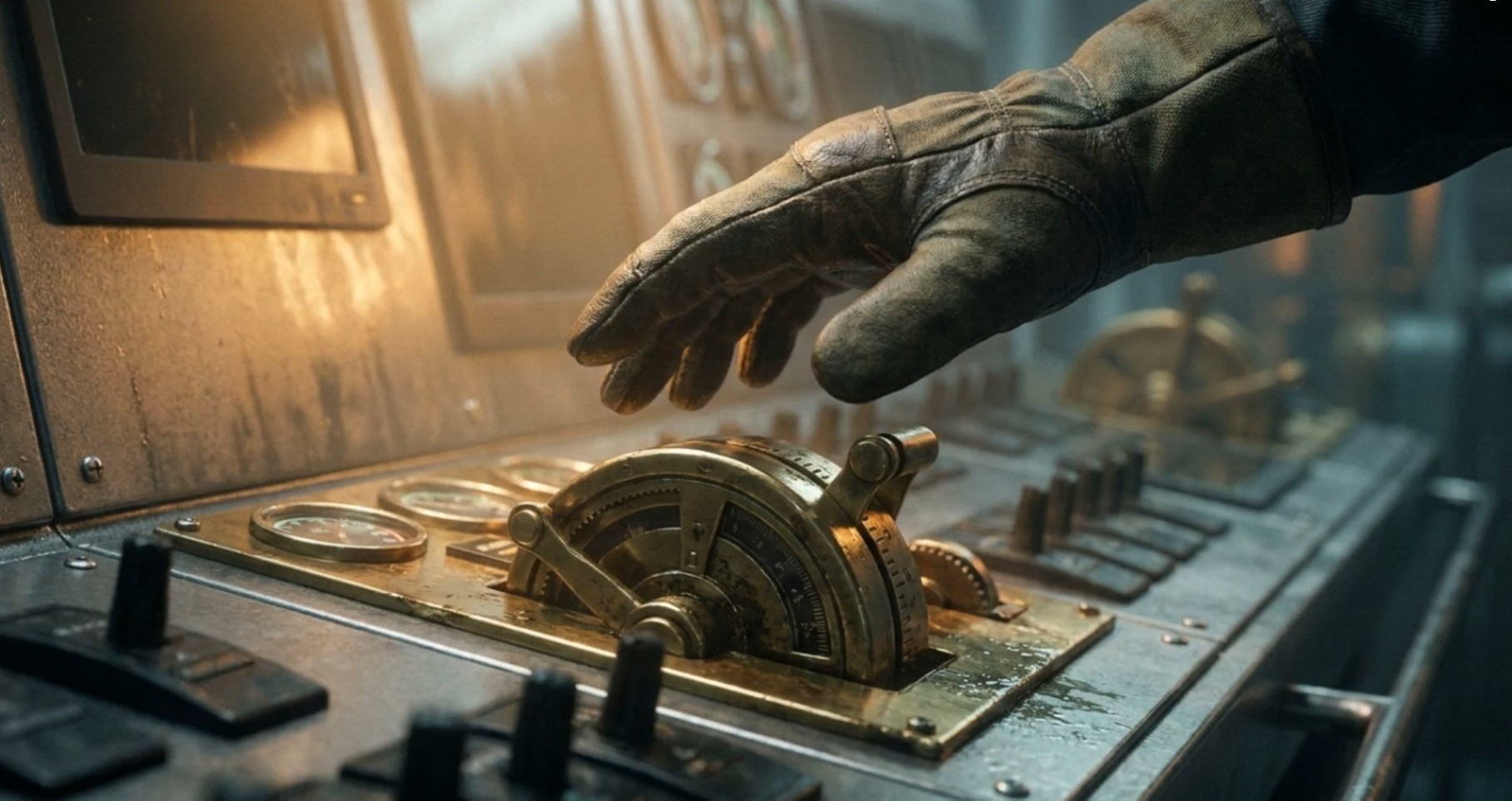 Close-up of hand on brass engine telegraph