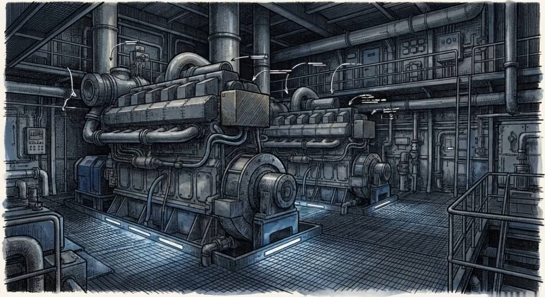 Illustrated main engines in engine room