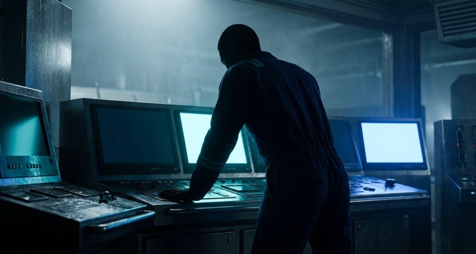 Engineer at engine control room consoles