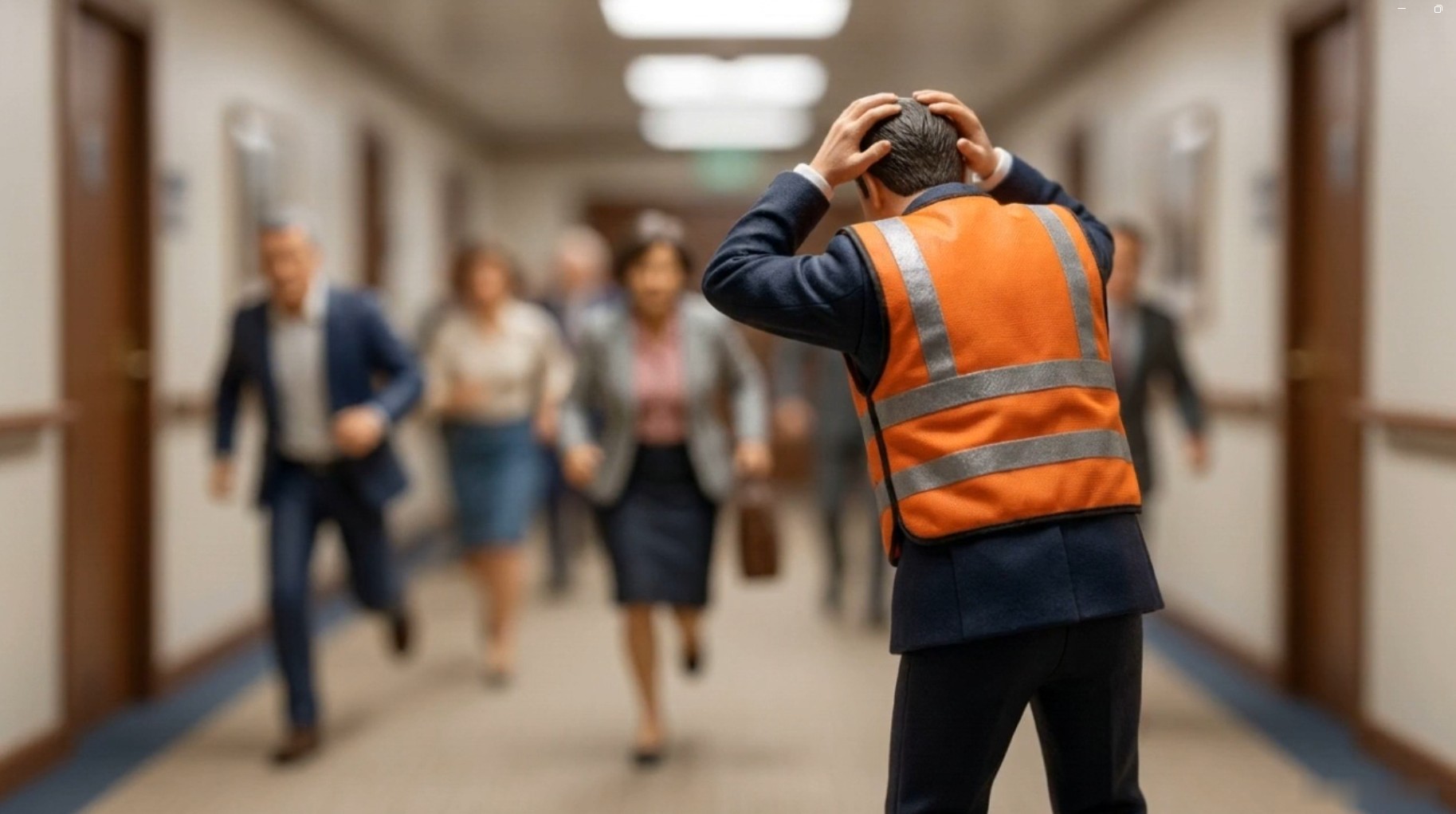 Crew member in high-visibility vest during passenger evacuation drill