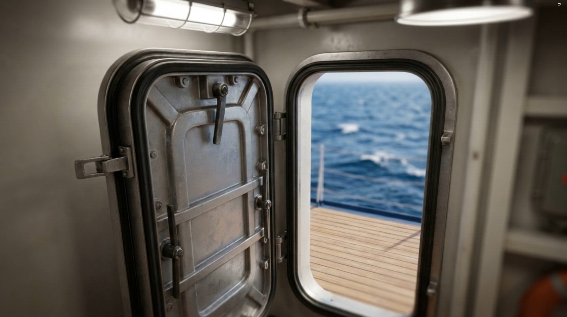 Open weather-tight door on a ship with sea view