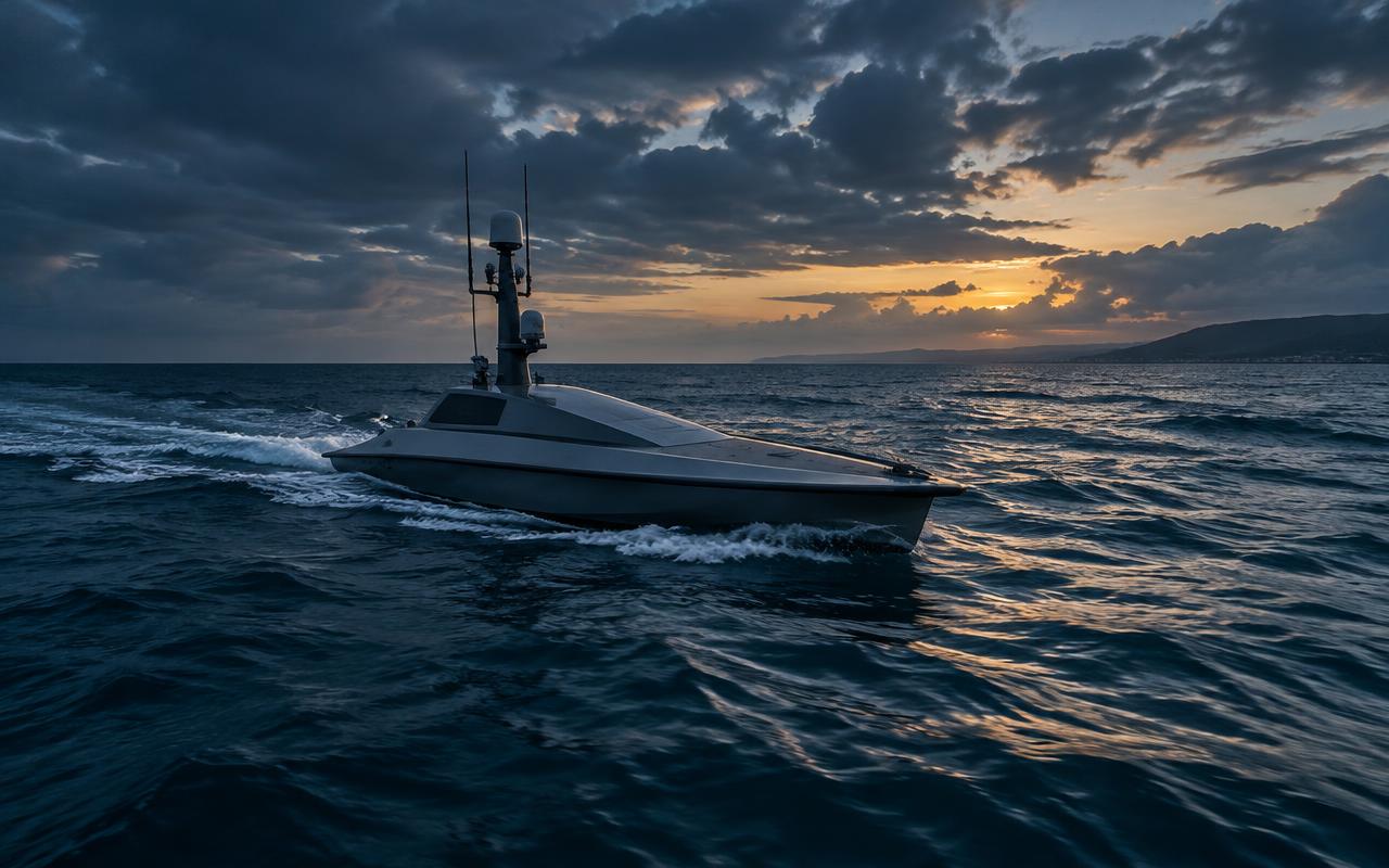 Unmanned surface vessel under autonomous control at sea